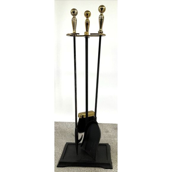 Mid-Century Modern Brass and Iron Fireplace Tool Set 3 Piece w/ stand USA - Picture 1 of 12